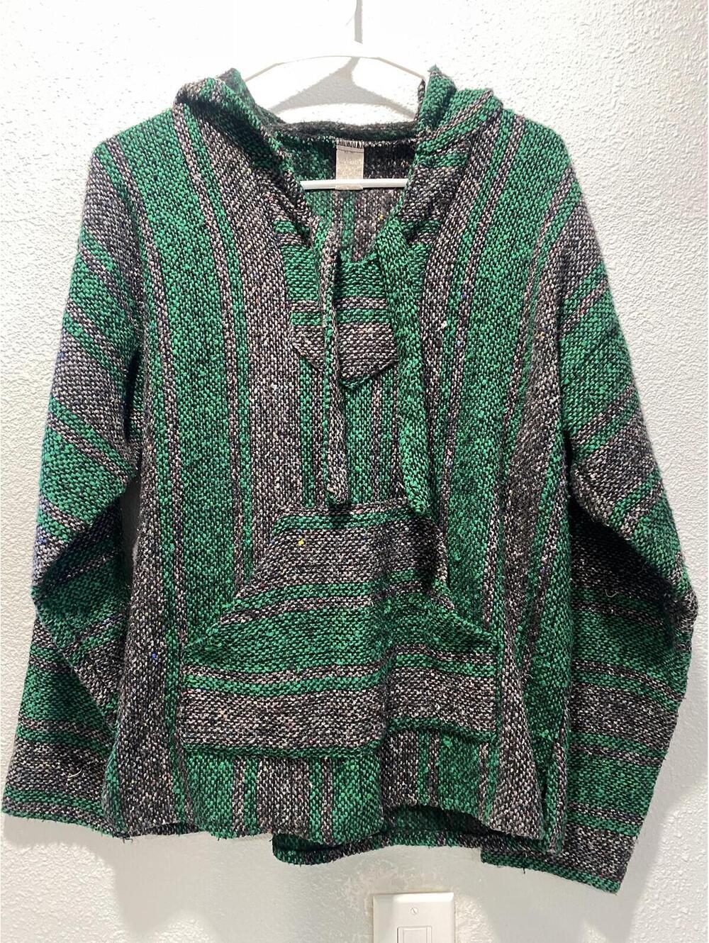 Green and Gray Striped Hooded Baja Style Pullover